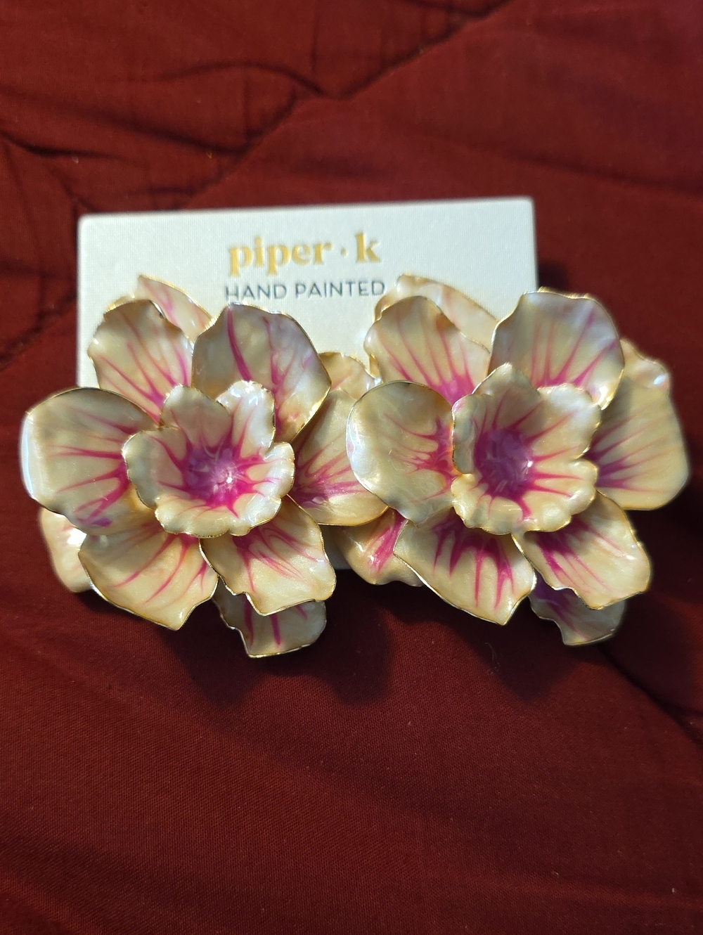piper.k Hand Painted Floral Clip-On Earrings - Pink & Cream